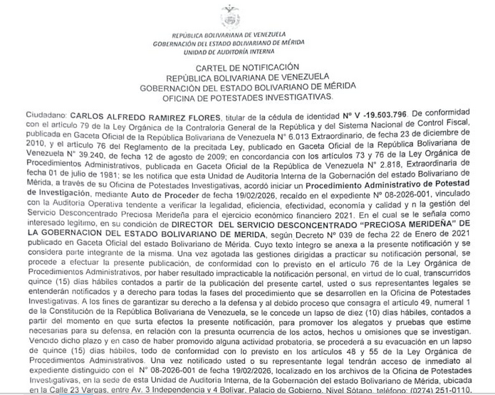 CARTEL DE NOTIFICACIÓN, CARLOS ALFREDO RAMIREZ FLORES