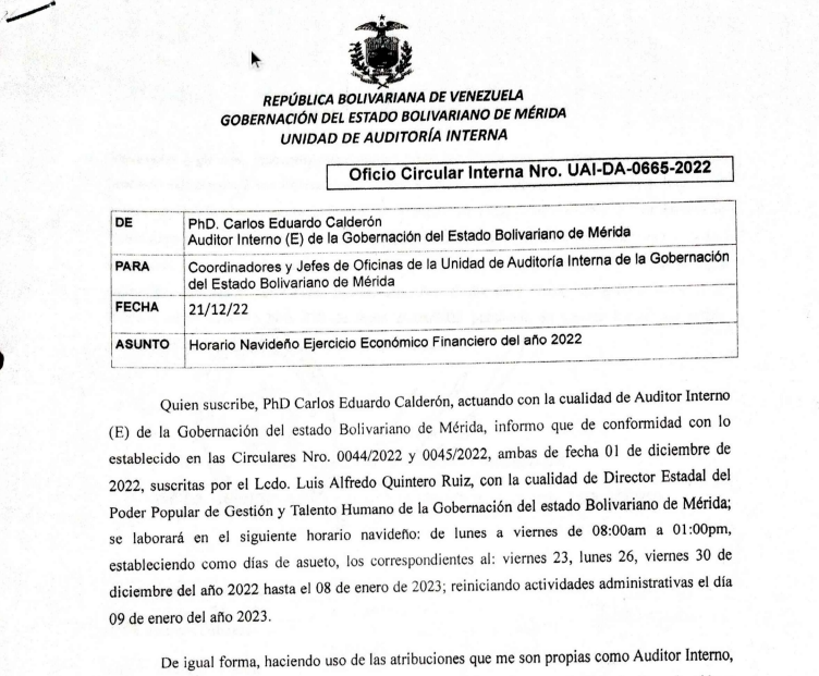 Imagen referencial a la publicacion de Circular N° UAI-DA-0665 del 21 diciembre 2022