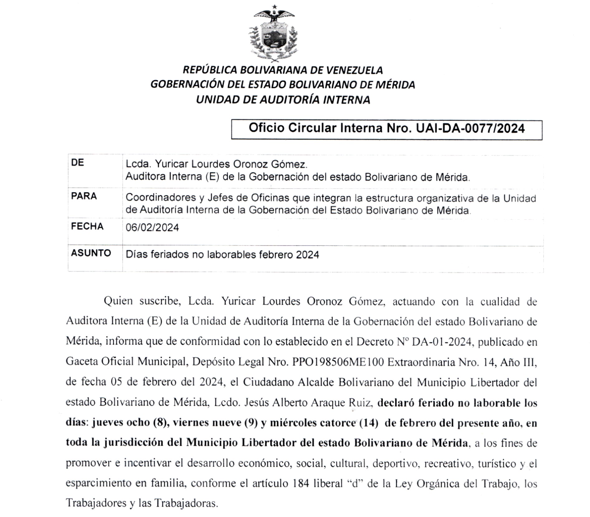 Imagen referencial a la publicacion del Oficio Circular Interna Nro. UAI-DA-00772024 